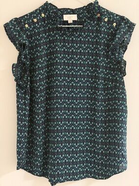 LOFT Outlet Floral Blouse Women’s Medium Ruffle Sleeve Navy Green Top